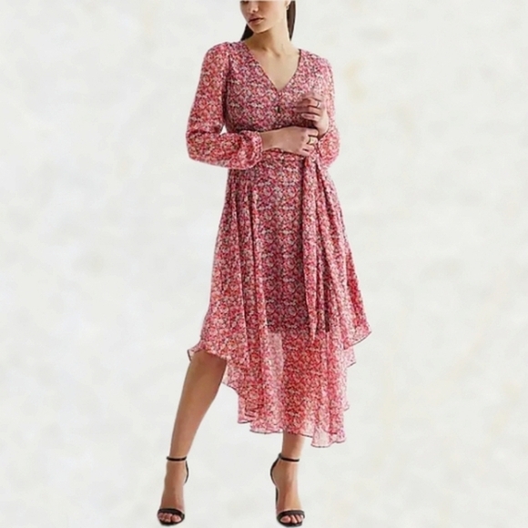 Express Ditsy Floral Button Front Belted Midi Dress Handkerchief Hem Pink White - Picture 1 of 14